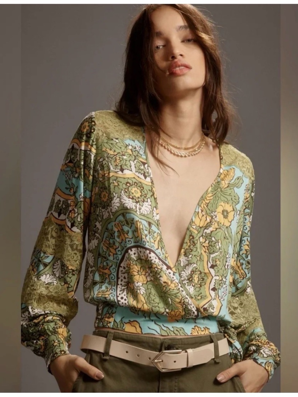 Anthropology Tiny Long-Sleeve Printed V-Neck Wrap Top